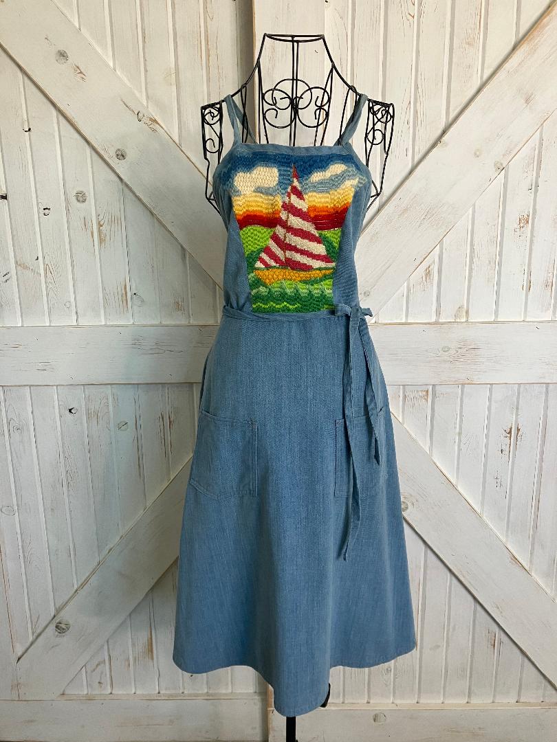 80's Vintage Denim Blue Jean Nautical Rainbow Crewel Sailboat Wrap Sundress Midi Dress
