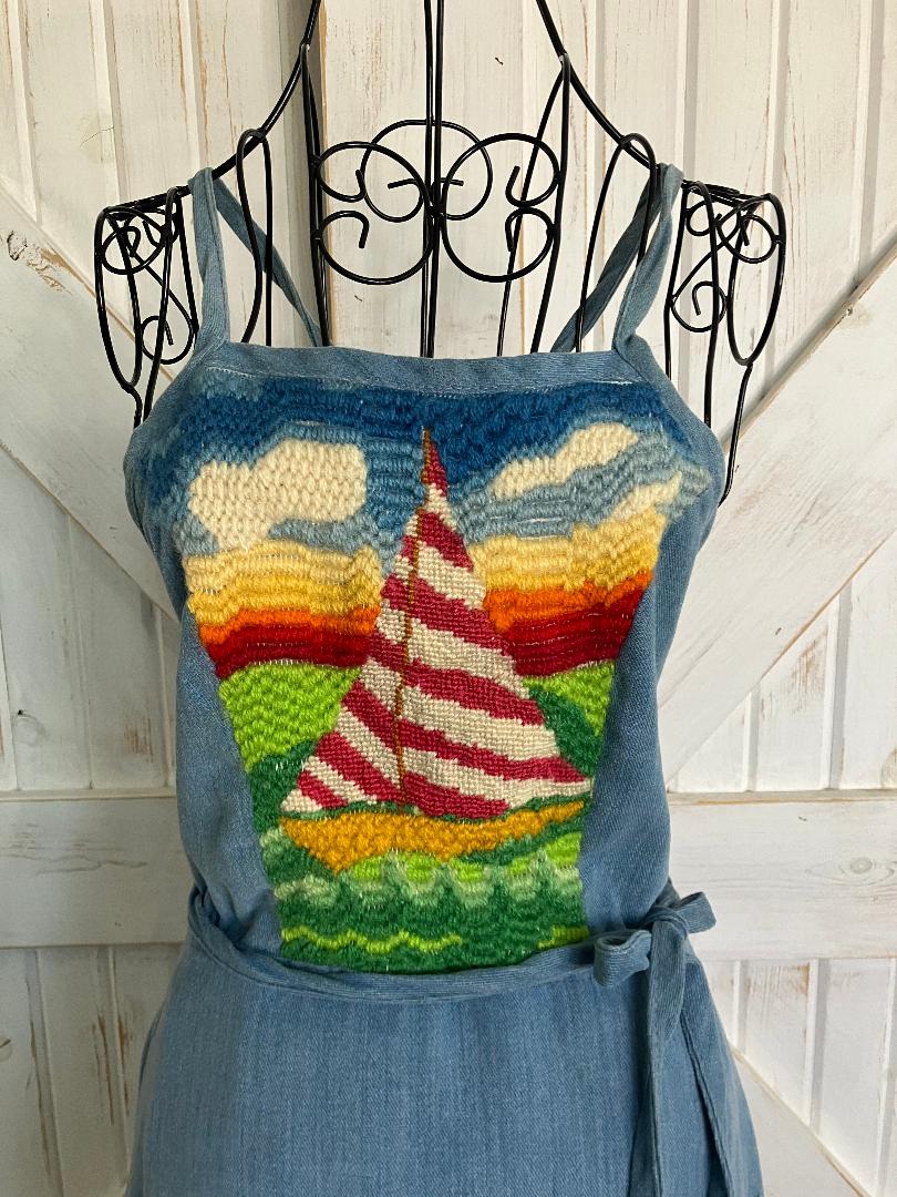 80's Vintage Denim Blue Jean Nautical Rainbow Crewel Sailboat Wrap Sundress Midi Dress
