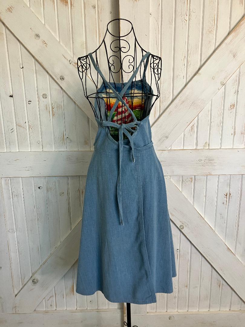80's Vintage Denim Blue Jean Nautical Rainbow Crewel Sailboat Wrap Sundress Midi Dress