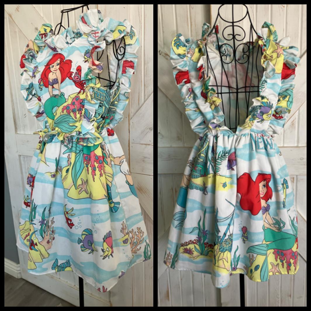 Upcycled Vintage Little Mermaid Ariel Under the Sea Bed Sheet Mini Sundress Dress