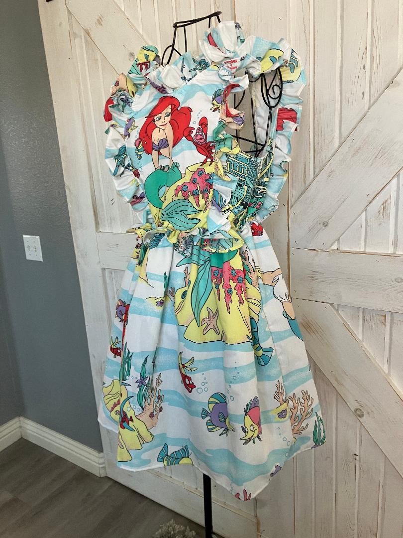 Upcycled Vintage Little Mermaid Ariel Under the Sea Bed Sheet Mini Sundress Dress