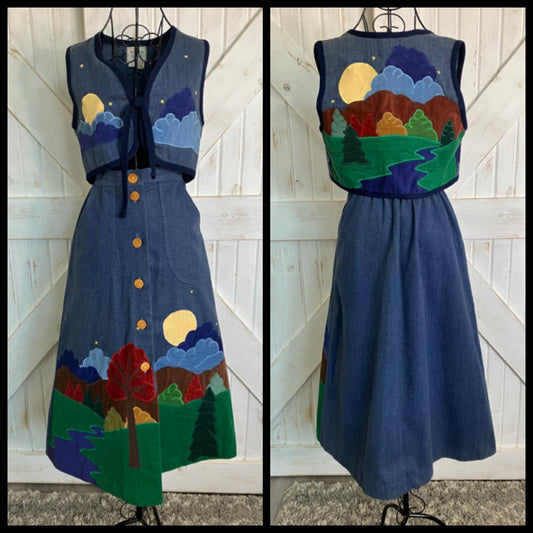 70's Vintage Salaminder Originals KC Sally Von Werlhof Denim Rainbow Corduroy Patchwork Mountain Sunset Vest + Midi Skirt Set