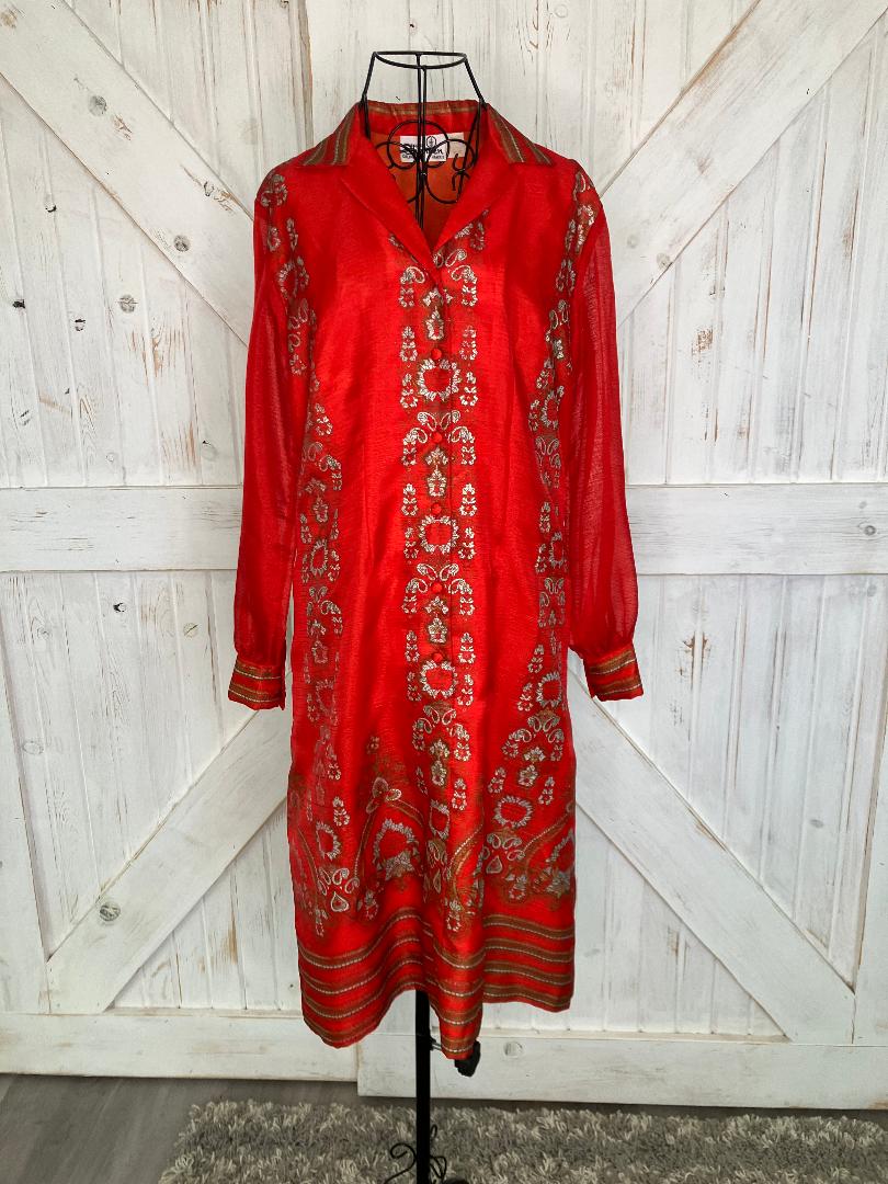 60's Vintage Alfred Shaheen Red Gold Batik Mod Hawaiian Dress