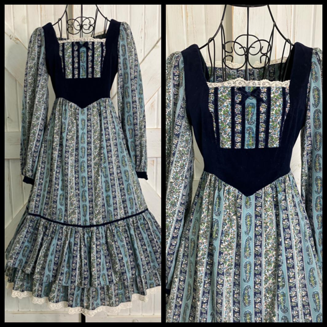70's Vintage Candi Jones Gunne Sax STYLE Blue Velvet Paisley Calico Prairie Midi Dress