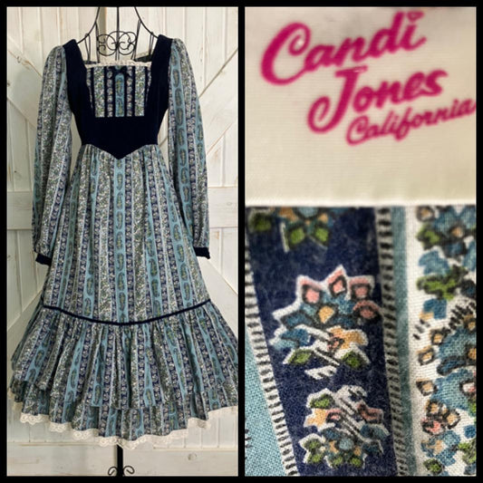 70's Vintage Candi Jones Gunne Sax STYLE Blue Velvet Paisley Calico Prairie Midi Dress