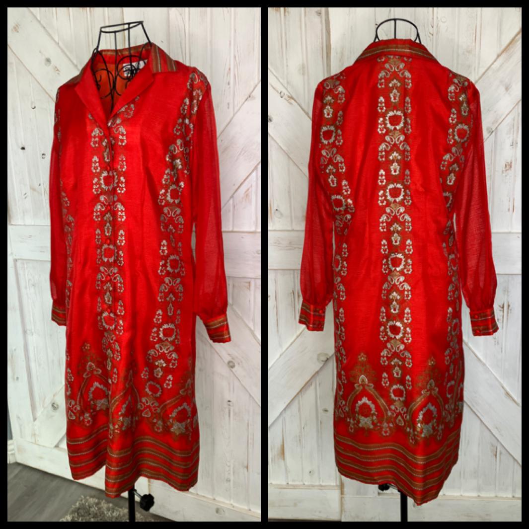 60's Vintage Alfred Shaheen Red Gold Batik Mod Hawaiian Dress