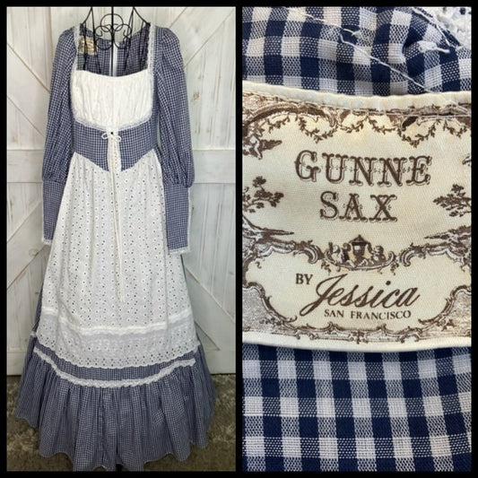 70's Vintage Gunne Sax Blue White Gingham Bicentennial Milkmaid Unerbust Corset Prairie Maxi Dress 13 *ALTERED