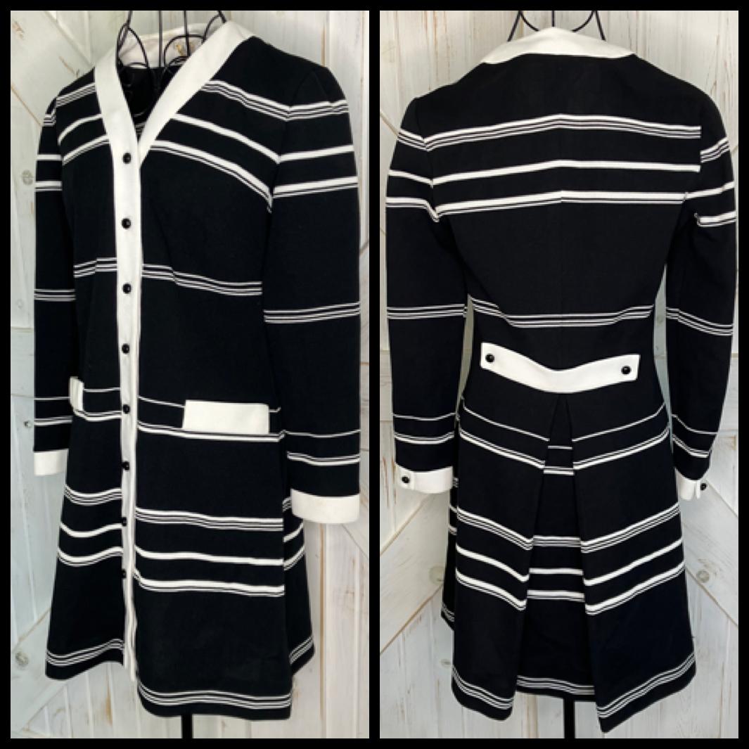 60's Vintage Butte Knit Black White Stripe Jackie Mod Go Go Twiggy Mini Dress