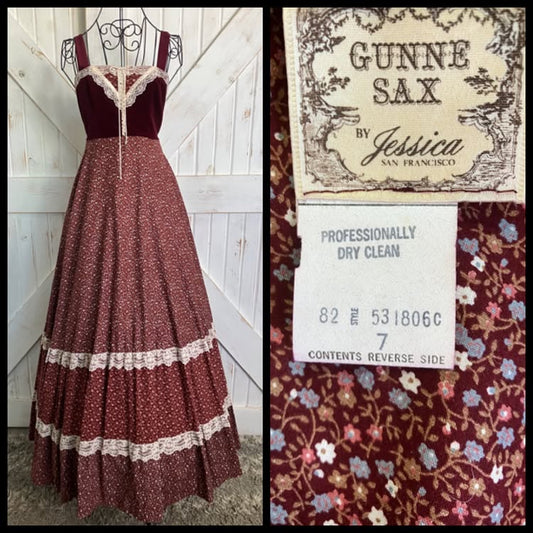 70's Vintage Gunne Sax Red Velvet Corset White Blue Calico Prairie Maxi Sundress Dress 7