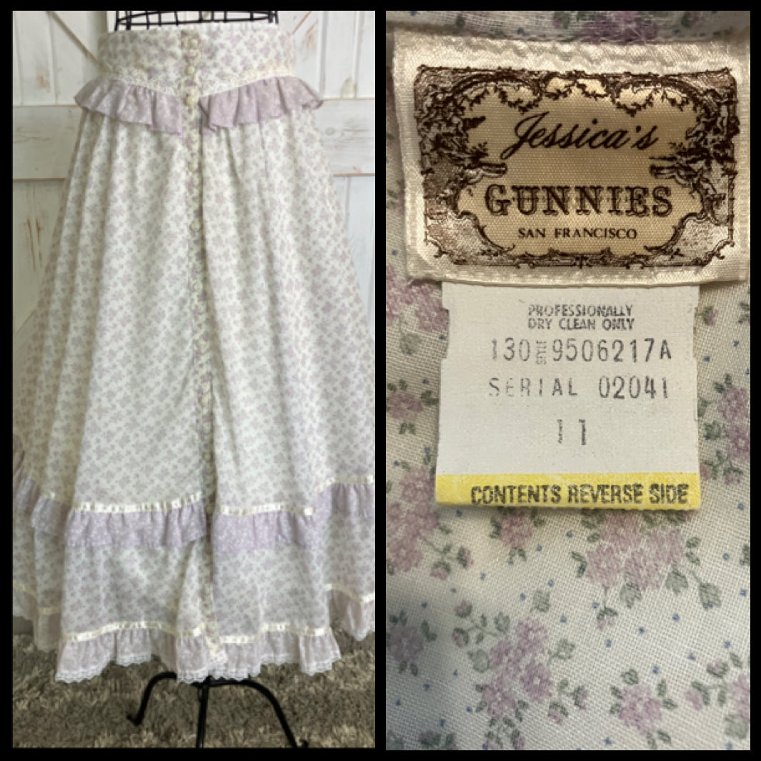 70's Vintage Gunne Sax Jessica's Gunnies Lavender Purple White Calico Prairie Midi Skirt 11