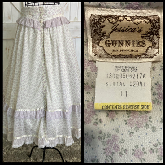 70's Vintage Gunne Sax Jessica's Gunnies Lavender Purple White Calico Prairie Midi Skirt 11