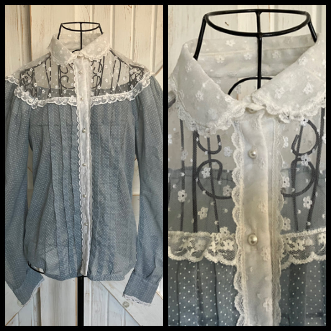 70's Vintage Gunne Sax Jessica's Gunnies Blue White Swiss Polka Dot Lace Prairie Blouse Top
