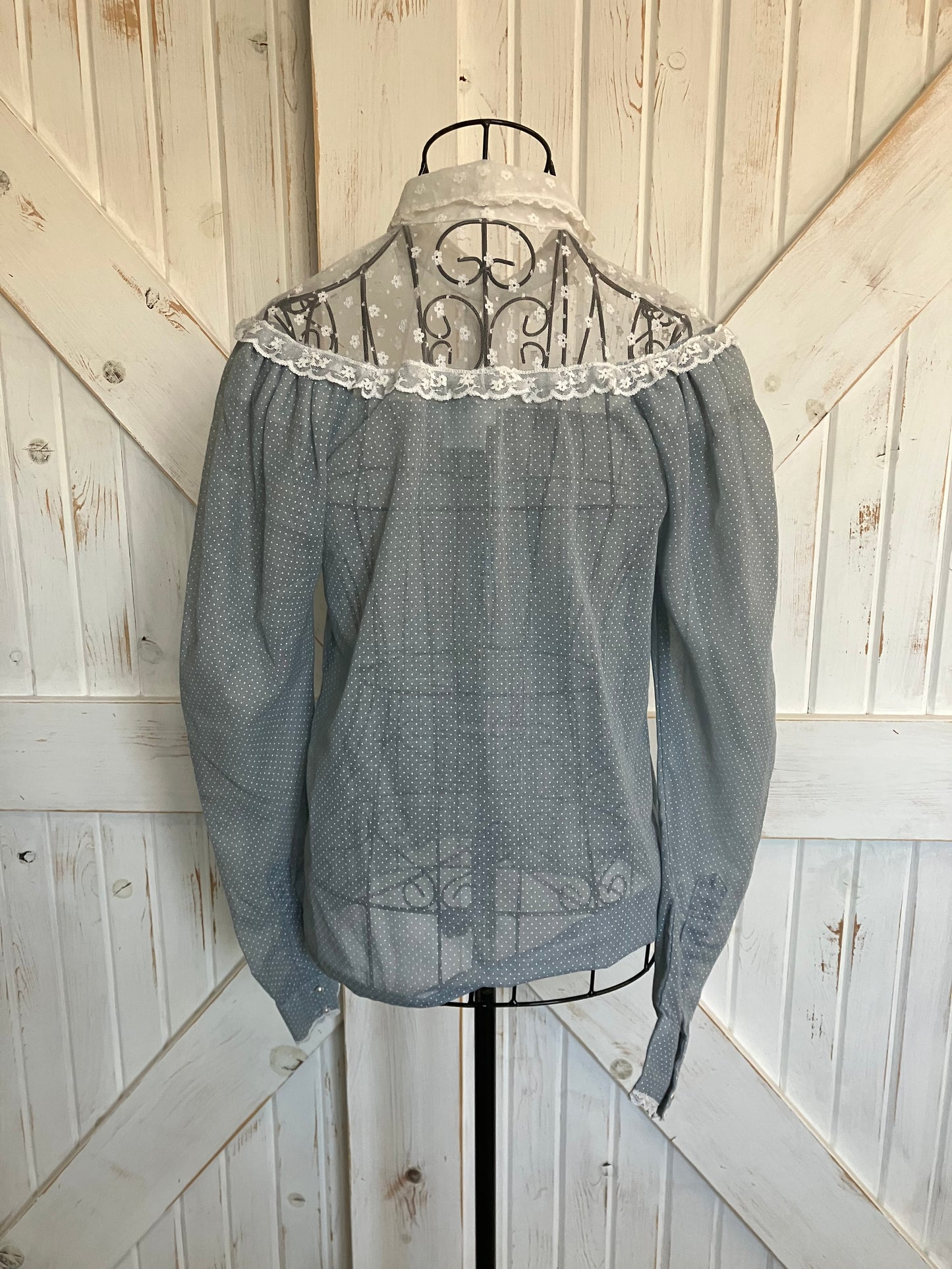 70's Vintage Gunne Sax Jessica's Gunnies Blue White Swiss Polka Dot Lace Prairie Blouse Top