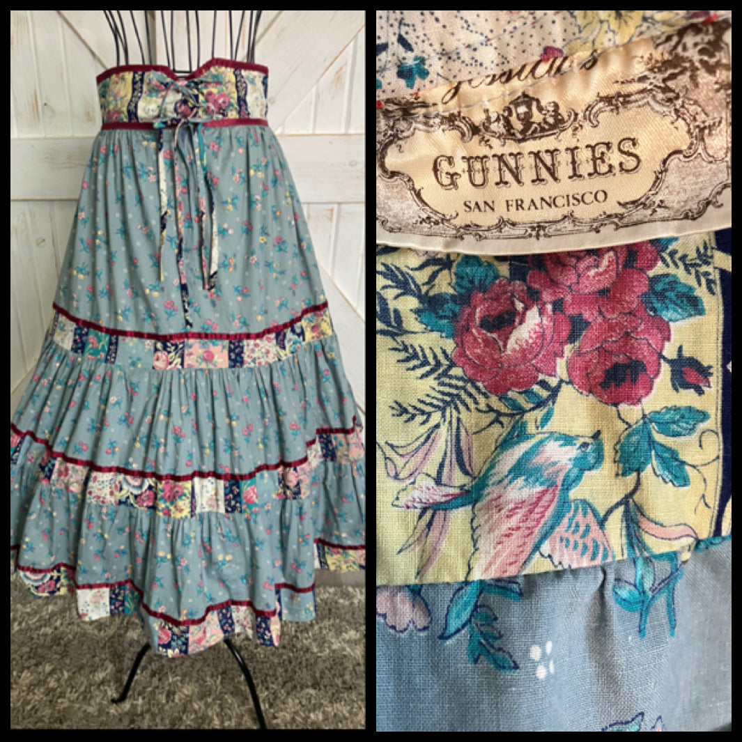 70's Vintage Gunne Sax Jessica's Gunnies Blue Red Pink Fruit Bird Print Prairie Midi Skirt
