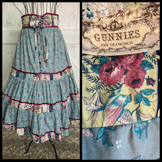 70's Vintage Gunne Sax Jessica's Gunnies Blue Red Pink Fruit Bird Print Prairie Midi Skirt