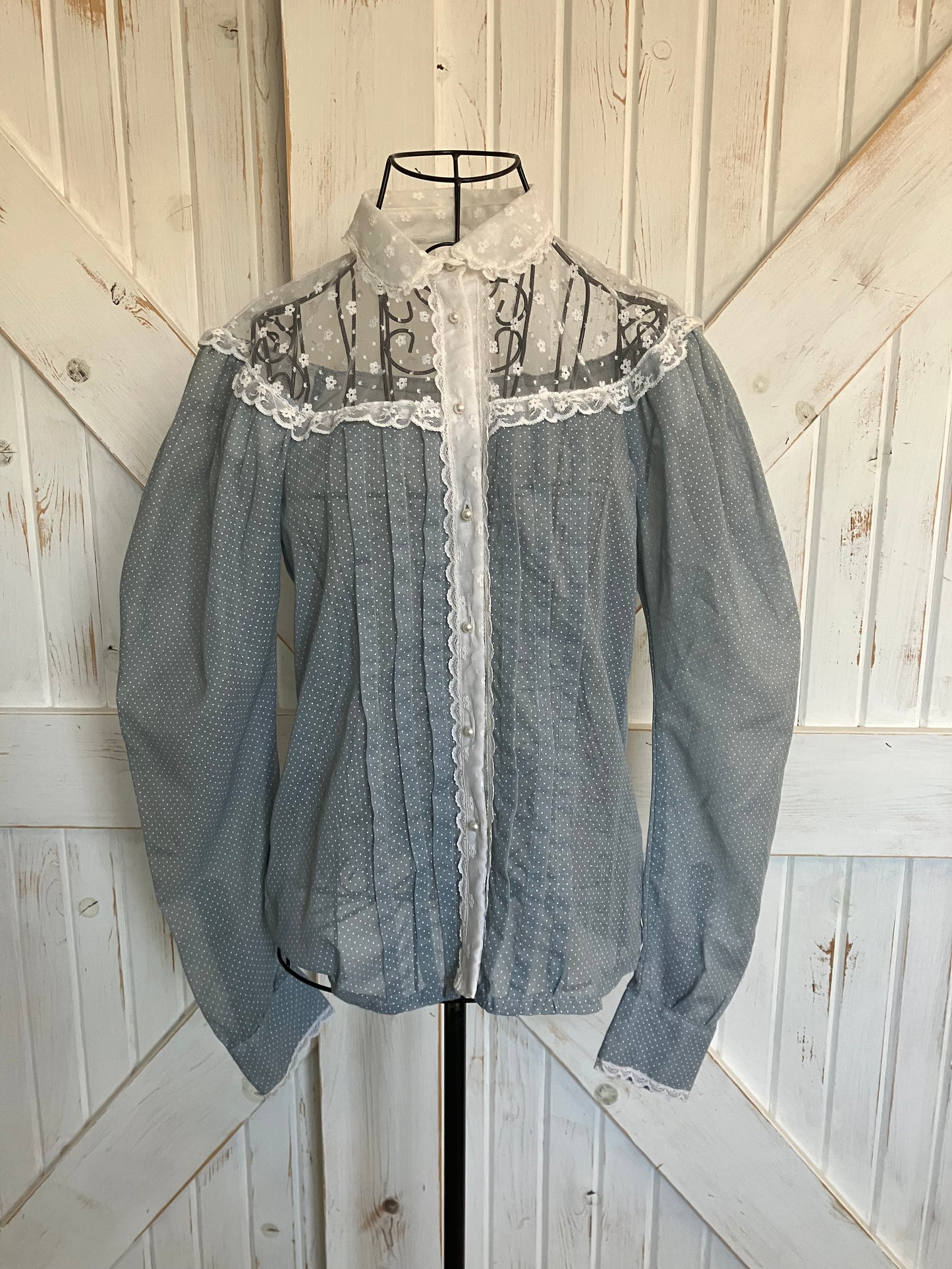 70's Vintage Gunne Sax Jessica's Gunnies Blue White Swiss Polka Dot Lace Prairie Blouse Top