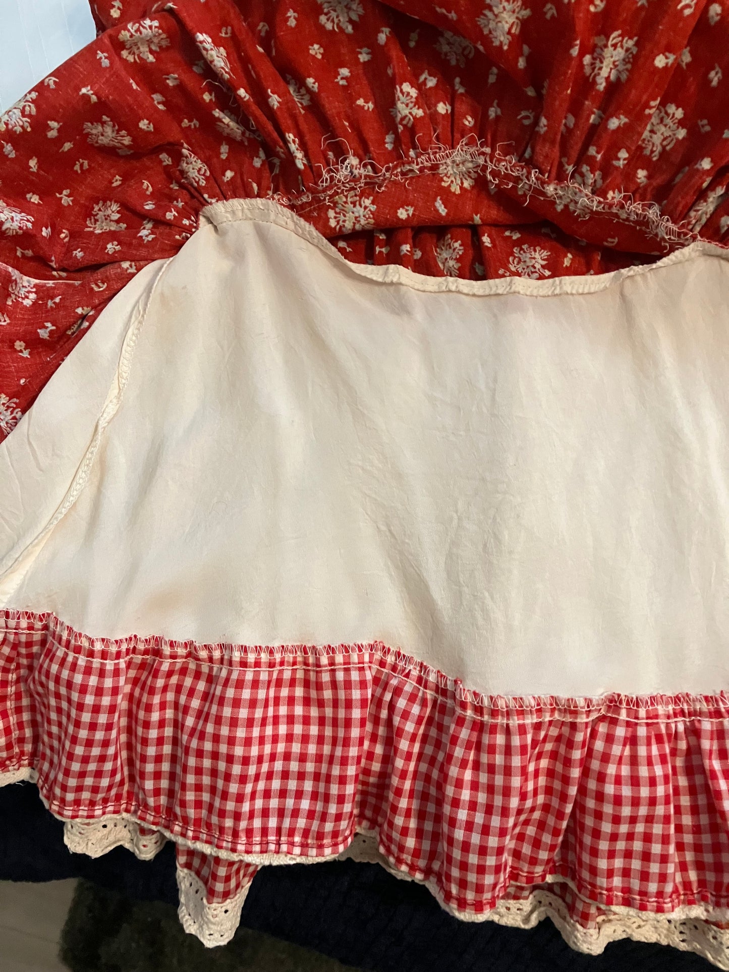 WOUNDED BIRD READ 70's Vintage Gunne Sax Jessica's Gunnies Red White Calico Gingham Prairie Western Midi Skirt