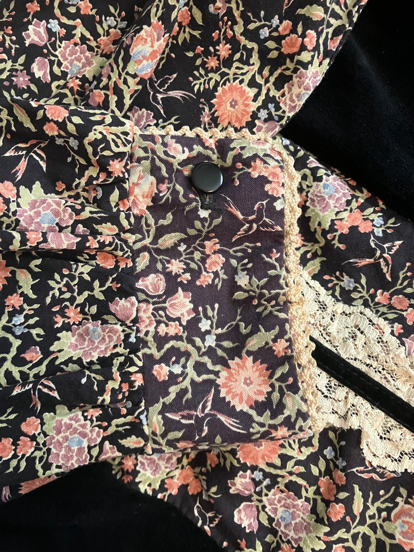 70's Vintage Candi Jones Black Velvet Pink Calico Bird Print Prairie Gunne Sax STYLE Midi Dress