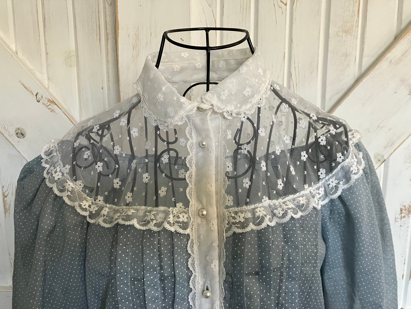70's Vintage Gunne Sax Jessica's Gunnies Blue White Swiss Polka Dot Lace Prairie Blouse Top