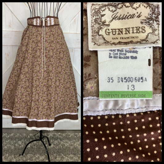 70's Vintage Gunne Sax Jessica's Gunnies Brown Purple Calico White Polka Dot Prairie Midi Skirt 13