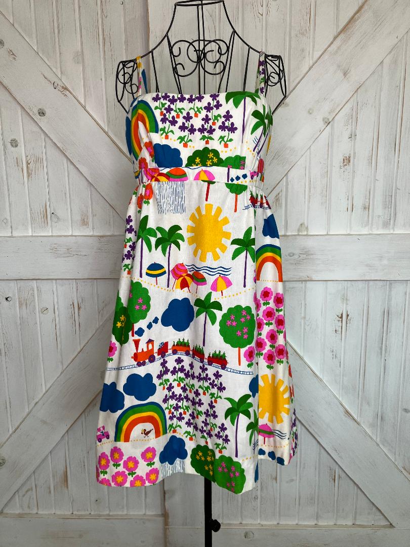 70's Vintage Malia Honolulu Rainbow Train Beach Sun Palm Tree Novelty Print Hawaiian Mini Sundress Dress