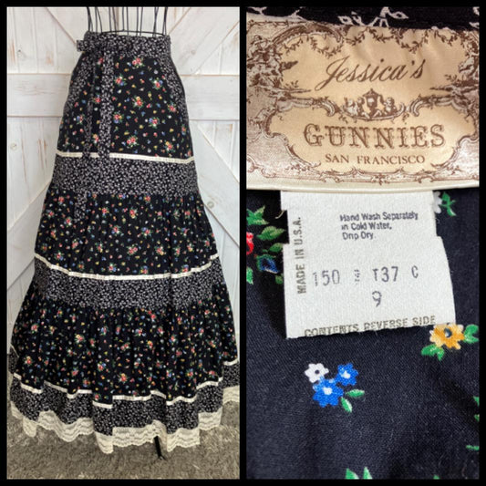 70's Vintage Gunne Sax Jessica's Gunnies Black White Rainbow Calico Prairie Maxi Skirt 9