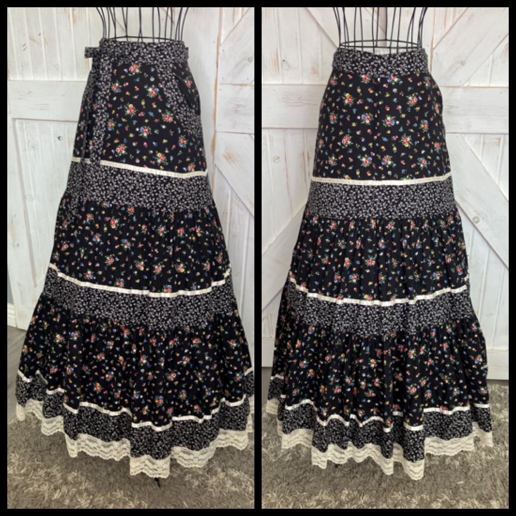 70's Vintage Gunne Sax Jessica's Gunnies Black White Rainbow Calico Prairie Maxi Skirt 9