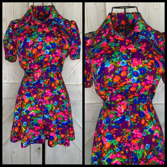 70's Vintage Handmade Pink Purple Blue Green Hawaiian Psychedelic Mini Romper Jumper Playsuit