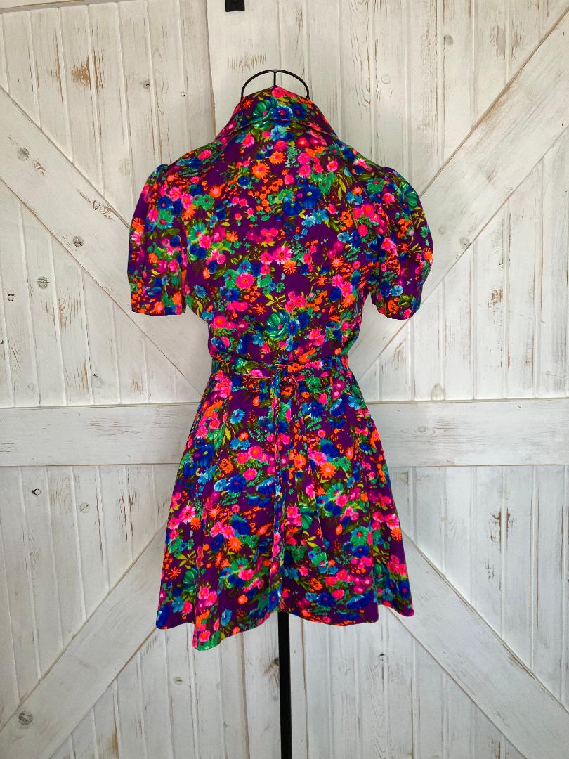 70's Vintage Handmade Pink Purple Blue Green Hawaiian Psychedelic Mini Romper Jumper Playsuit