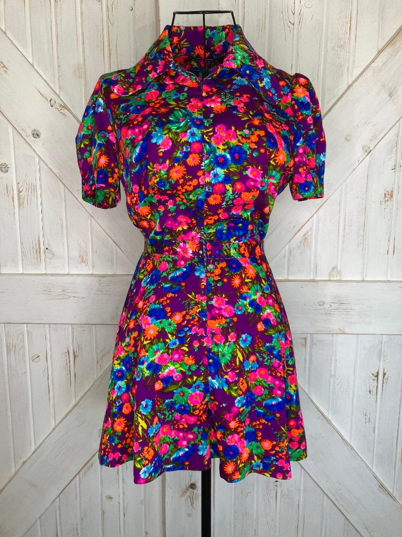 70's Vintage Handmade Pink Purple Blue Green Hawaiian Psychedelic Mini Romper Jumper Playsuit