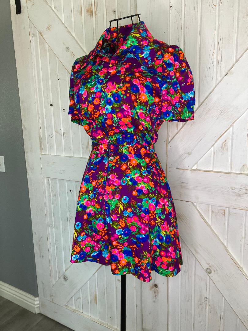 70's Vintage Handmade Pink Purple Blue Green Hawaiian Psychedelic Mini Romper Jumper Playsuit