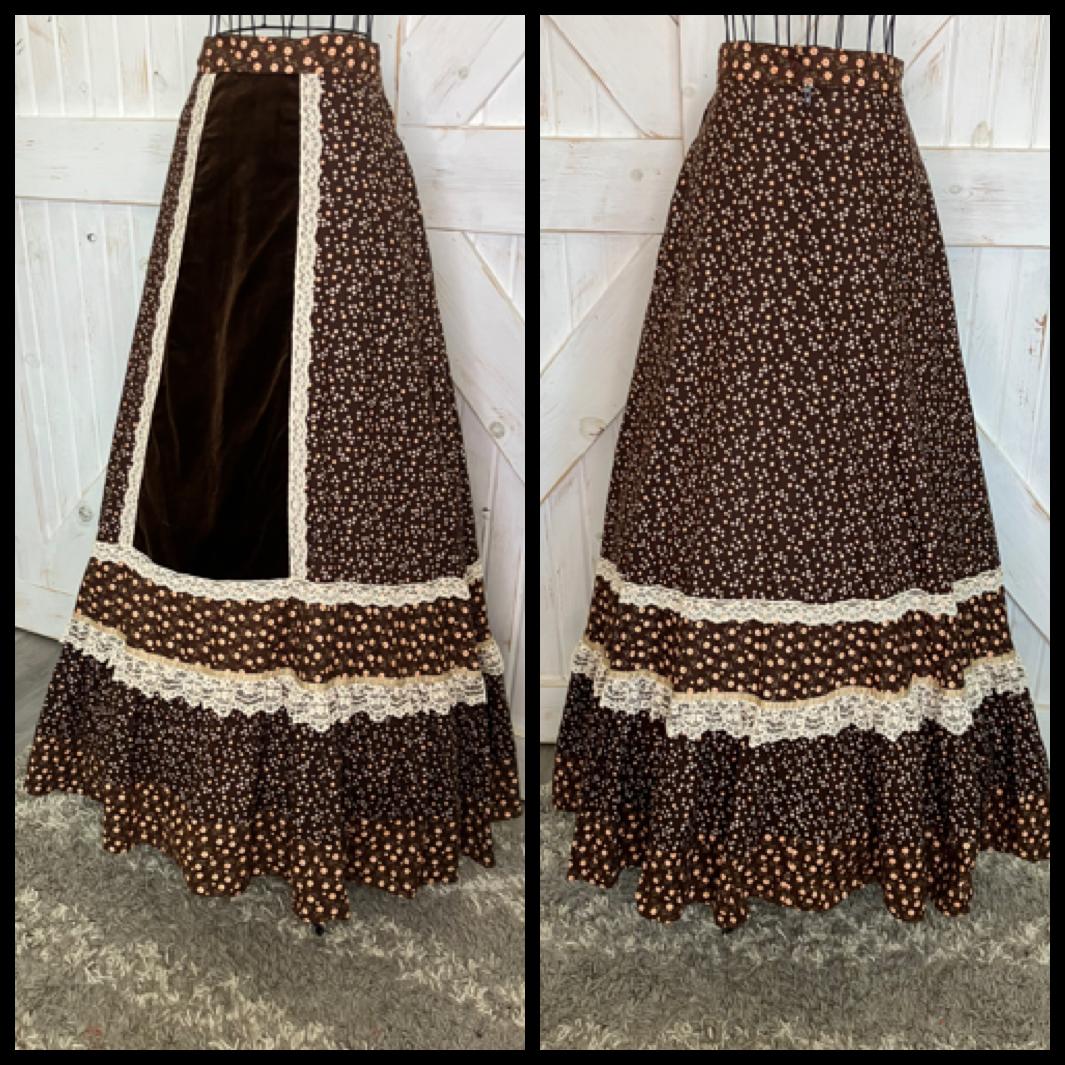 70's Vintage Gunne Sax Jessica's Gunnies Brown White Yellow Calico Velvet Prairie Maxi Skirt 9