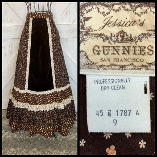 70's Vintage Gunne Sax Jessica's Gunnies Brown White Yellow Calico Velvet Prairie Maxi Skirt 9
