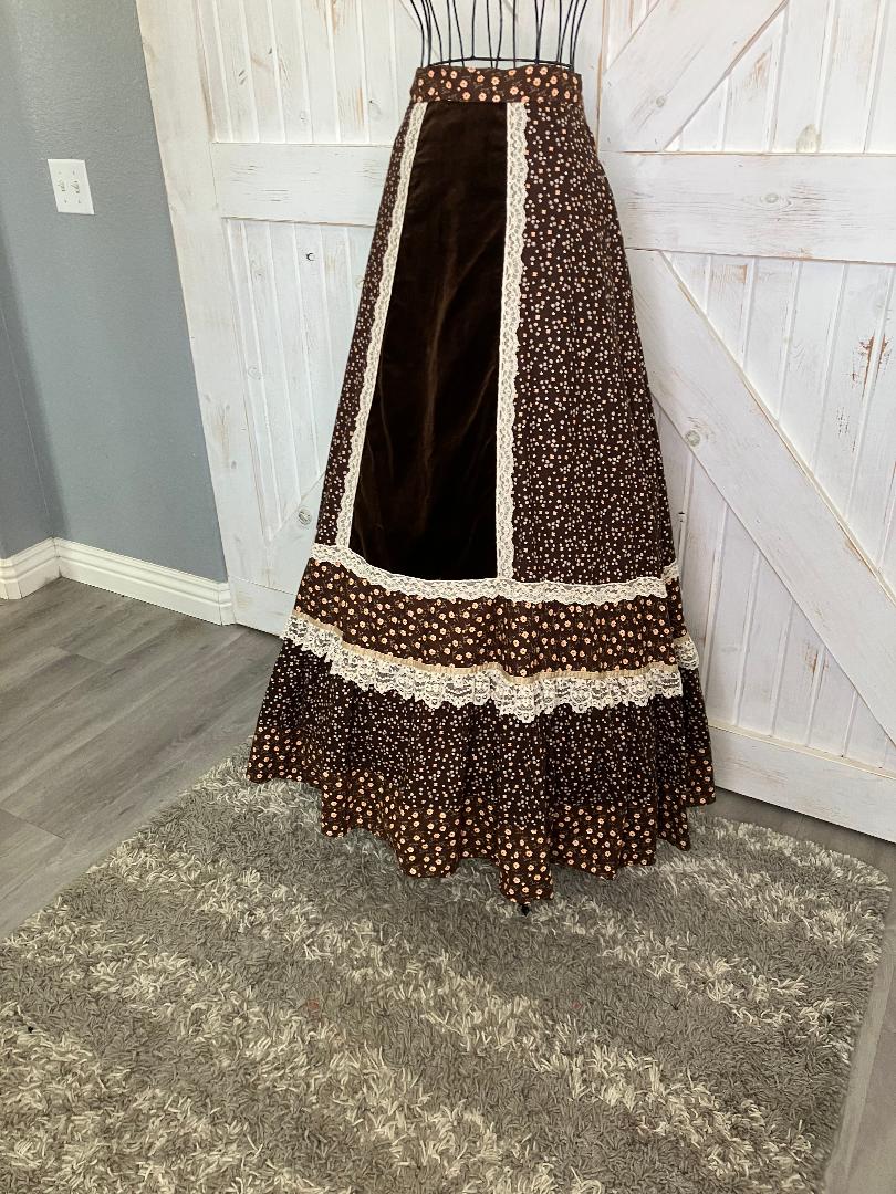 70's Vintage Gunne Sax Jessica's Gunnies Brown White Yellow Calico Velvet Prairie Maxi Skirt 9