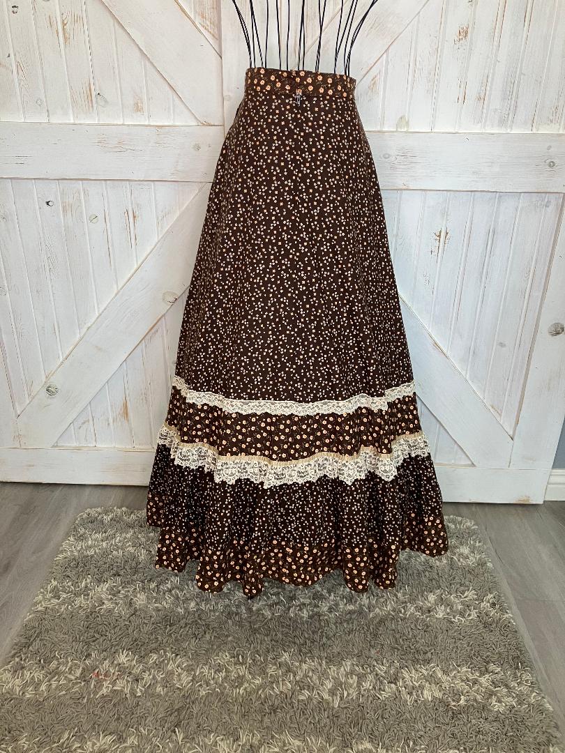 70's Vintage Gunne Sax Jessica's Gunnies Brown White Yellow Calico Velvet Prairie Maxi Skirt 9
