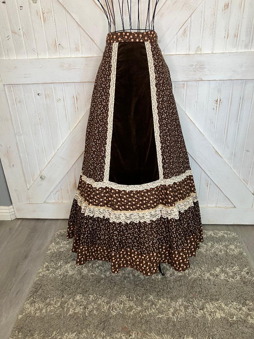 70's Vintage Gunne Sax Jessica's Gunnies Brown White Yellow Calico Velvet Prairie Maxi Skirt 9