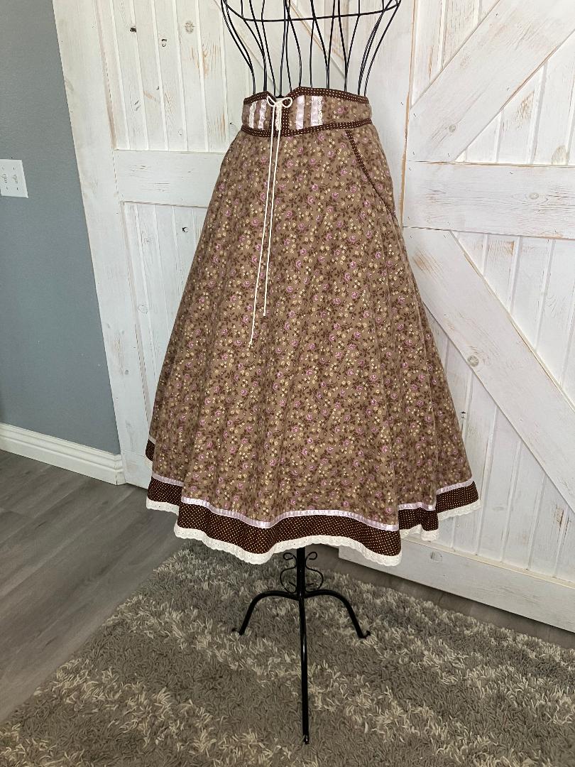 70's Vintage Gunne Sax Jessica's Gunnies Brown Purple Calico White Polka Dot Prairie Midi Skirt 13