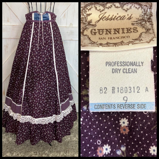 70's Vintage Gunne Sax Jessica's Gunnies Purple White Blue Calico Polka Dot Velvet Corset Waist Prairie Maxi Skirt 9
