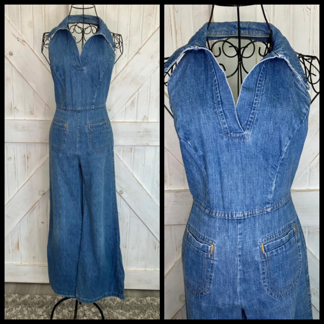 70's Vintage Landlubber Blue Jean Denim Halter Cowgirl Western Jumpsuit