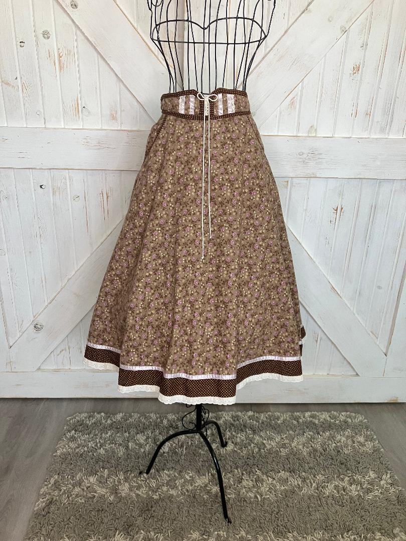 70's Vintage Gunne Sax Jessica's Gunnies Brown Purple Calico White Polka Dot Prairie Midi Skirt 13