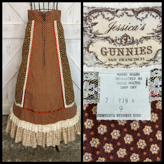 70's Vintage Gunne Sax Jessica's Gunnies Brown Orange Green Blue Calico Plaid Corset Waist Prairie Maxi Skirt 9