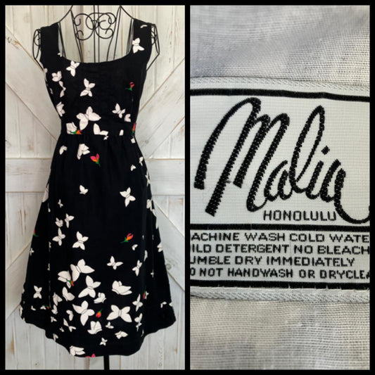 70's Vintage Malia Honolulu Black White Red Butterfly Novelty Print Hawaiian Sundress Mini Dress