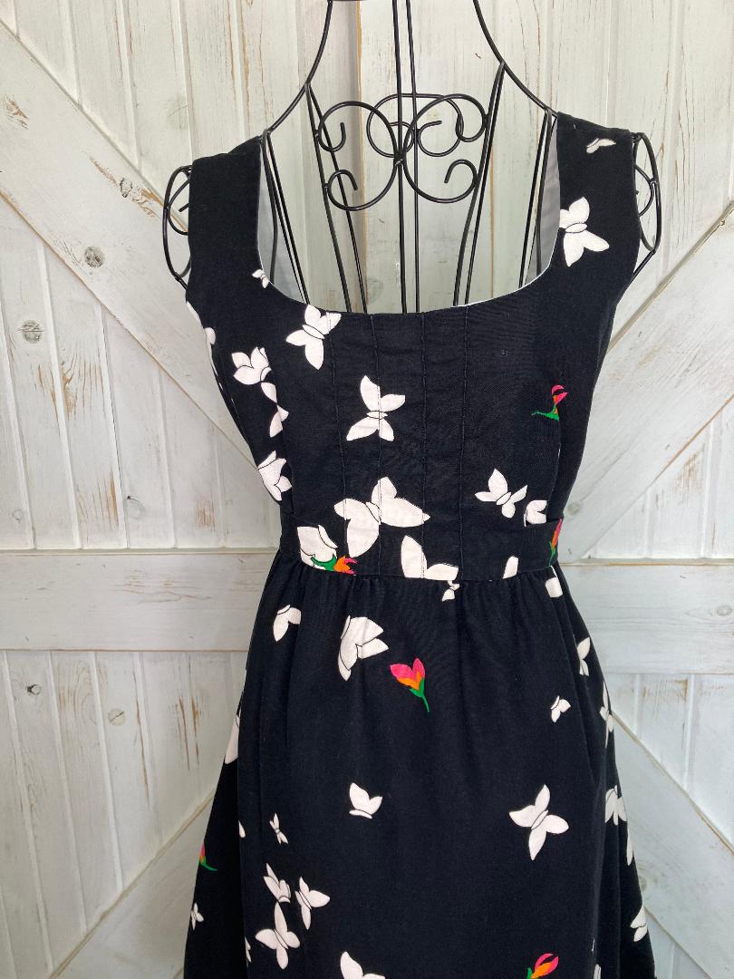 70's Vintage Malia Honolulu Black White Red Butterfly Novelty Print Hawaiian Sundress Mini Dress