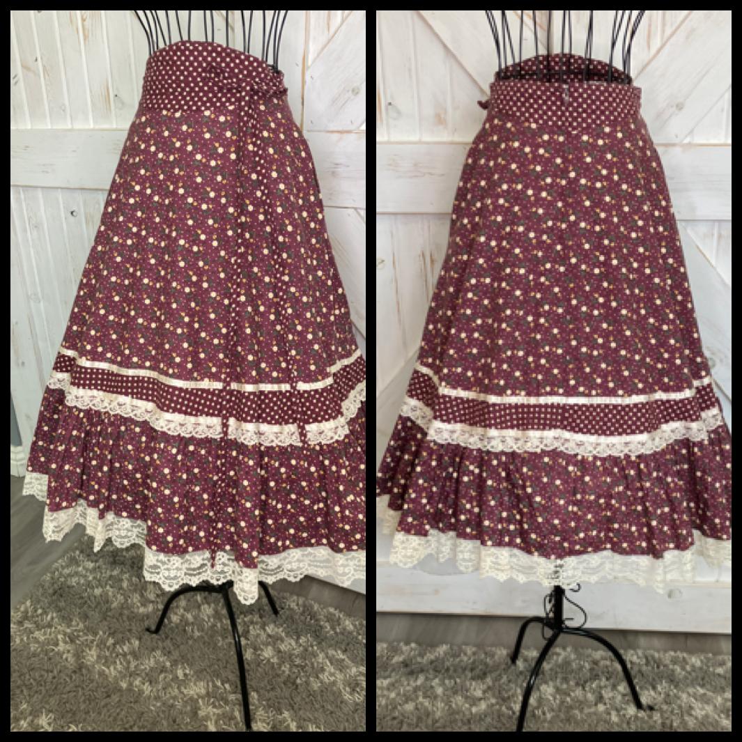70's Vintage Gunne Sax Jessica's Gunnies Purple Mauve White Yellow Green Daisy Calico Prairie Midi Skirt 7