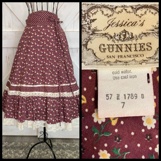 70's Vintage Gunne Sax Jessica's Gunnies Purple Mauve White Yellow Green Daisy Calico Prairie Midi Skirt 7