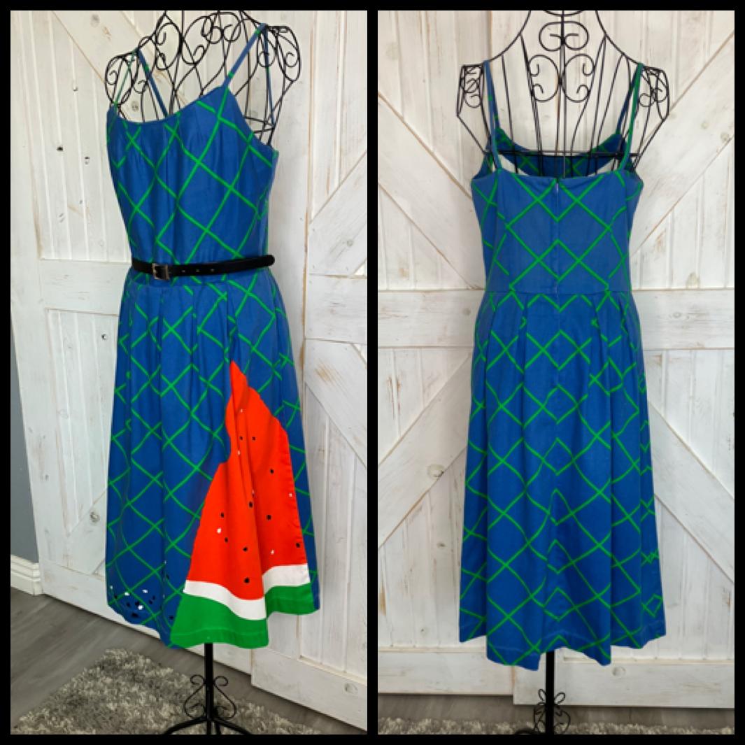 70's Vintage Malia Honolulu Blue Green Red Watermelon Novelty Print Hawaiian Midi Sundress Dress *Flaw