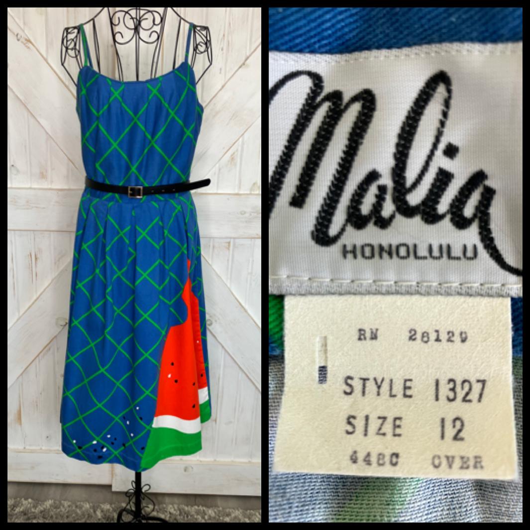 70's Vintage Malia Honolulu Blue Green Red Watermelon Novelty Print Hawaiian Midi Sundress Dress *Flaw