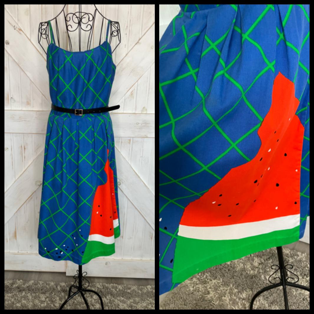 70's Vintage Malia Honolulu Blue Green Red Watermelon Novelty Print Hawaiian Midi Sundress Dress *Flaw