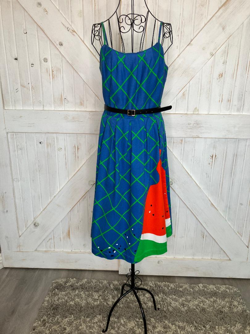 70's Vintage Malia Honolulu Blue Green Red Watermelon Novelty Print Hawaiian Midi Sundress Dress *Flaw