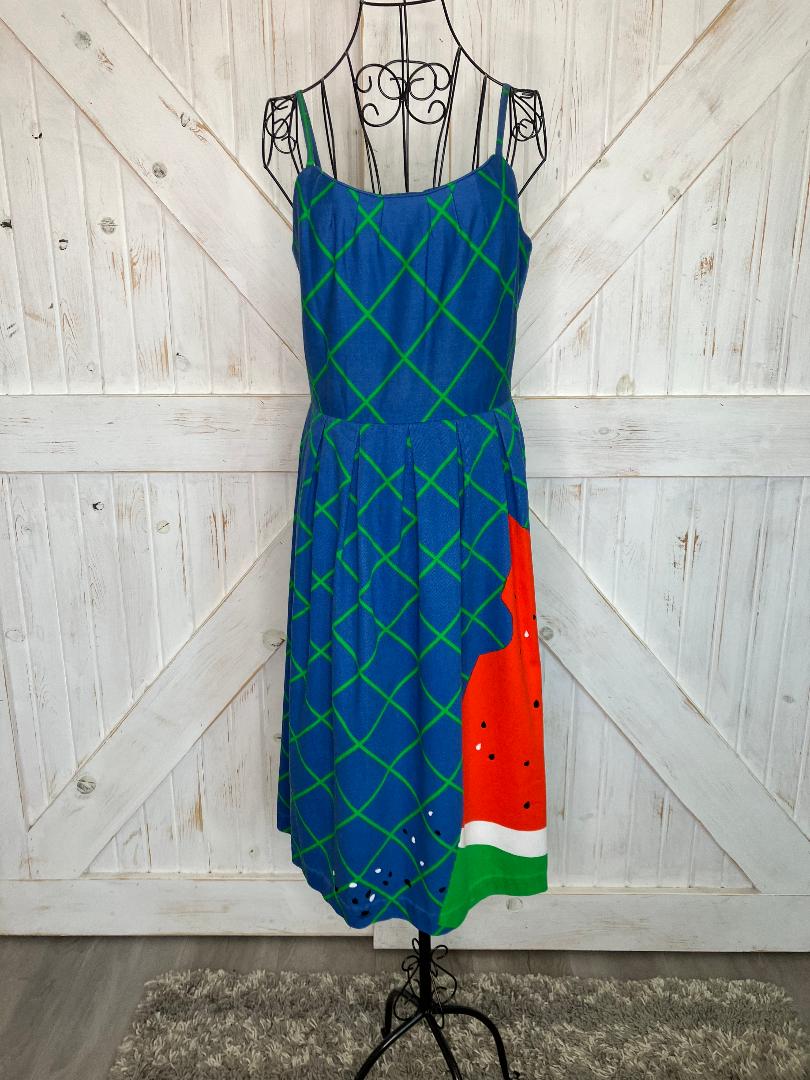 70's Vintage Malia Honolulu Blue Green Red Watermelon Novelty Print Hawaiian Midi Sundress Dress *Flaw